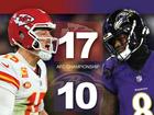 The Kansas City Chiefs and Patrick Mahomes (left) are heading back to the Super Bowl after downing the Baltimore Ravens (right).