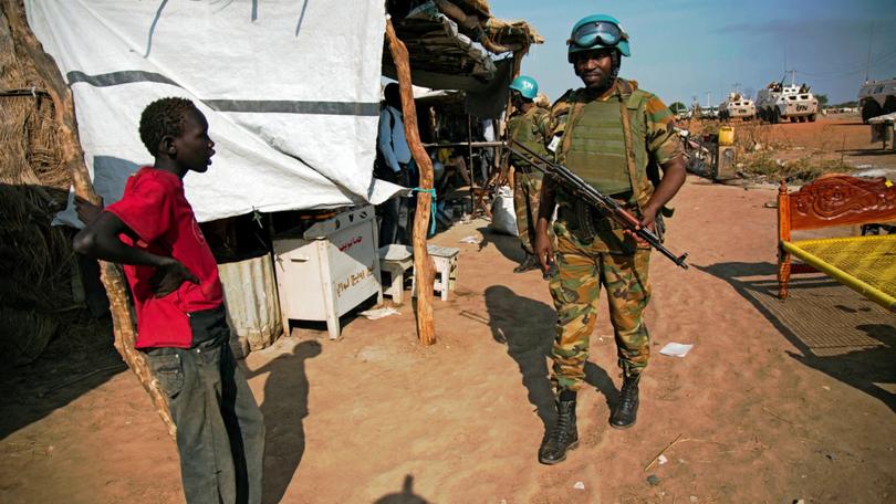 Peacekeeper troops from Ethiopia and deployed in the UN Interim Security Force for Abyei (UNISFA) patrol outside Abyei town, in Abyei state. (Photo by ALBERT GONZALEZ FARRAN / AFP)