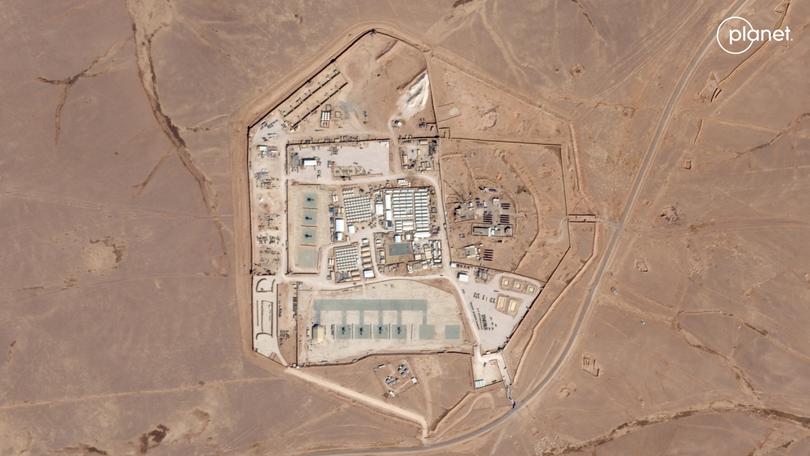 In an image provided by Planet Labs, a satellite photo shows military outpost known as Tower 22 in northeast Jordan in 2023. 