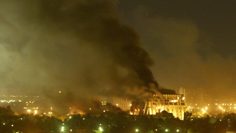 Baghdad being bombarded by US-led forces in 2003. (AP Photo/Jerome Delay, File)