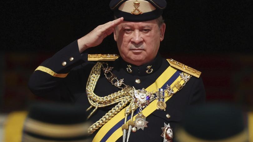 The incoming 17th King of Malaysia, the Sultan of Johor, Sultan Ibrahim Iskandar, salutes the guard of honor at National Palace in Kuala Lumpur, Malaysia, Wednesday, Jan. 31, 2024. Sultan Ibrahim, the powerful billionaire ruler of southern Johor state, was sworn-in Wednesday as Malaysia’s new king. (Hasnoor Hussain/Pool Photo via AP)