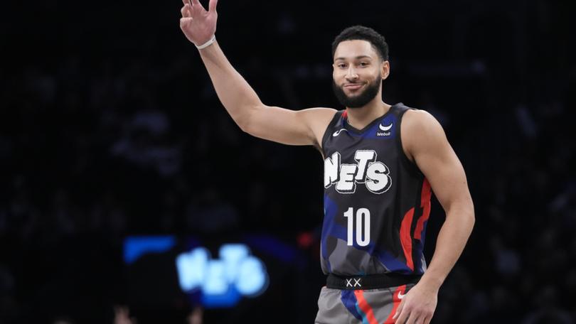 Brooklyn Nets guard Ben Simmons reacts during the first half of an NBA basketball game against the Utah Jazz, Monday, Jan. 29, 2024, in New York. (AP Photo/Mary Altaffer)