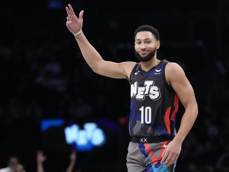 Brooklyn Nets guard Ben Simmons reacts during the first half of an NBA basketball game against the Utah Jazz, Monday, Jan. 29, 2024, in New York. (AP Photo/Mary Altaffer)