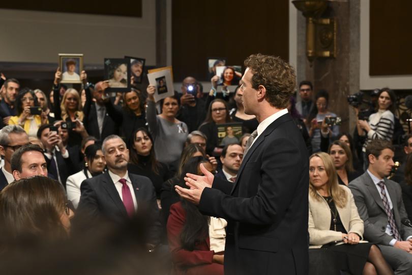 Mark Zuckerberg, chief executive of Meta, addresses the audience during a Senate Judiciary Committee hearing on online child sexual exploitation on Capitol Hill in Washington, Jan. 31, 2024. (Kenny Holston/The New York Times) 