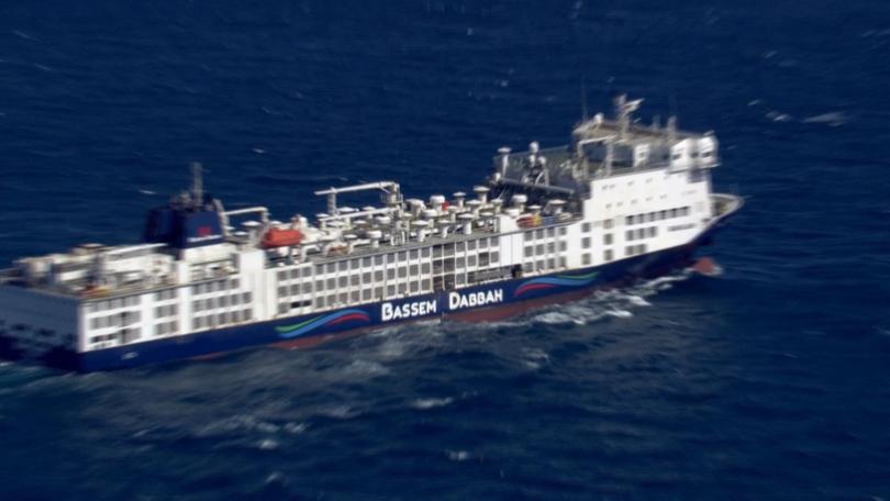 The MV Bahijah carrying thousands of sheep and cattle that have been trapped on board for weeks