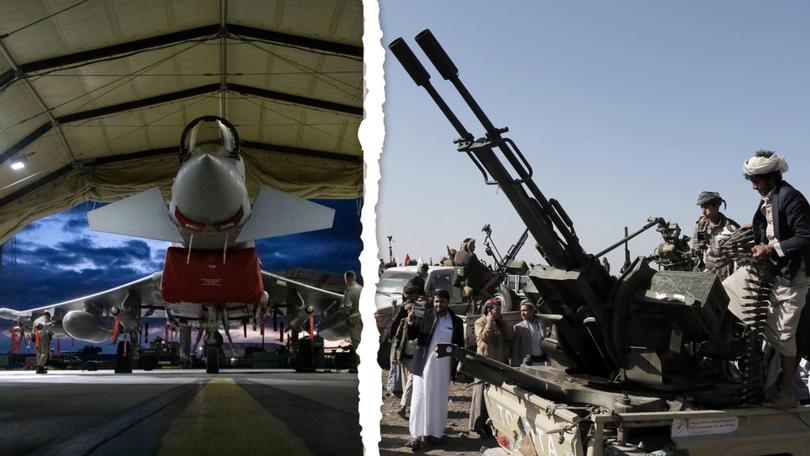 An UK RAF Typhoon FRG4 gets set for further strikes on Houthi targets and (right) Houthi recruits at their graduation ceremony in Yemen on the weekend.