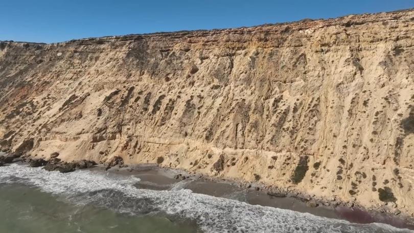 Drone footage from Sandy Gully Cliffs, north of Geraldton, where two men were killed when their car plunged over the edge.