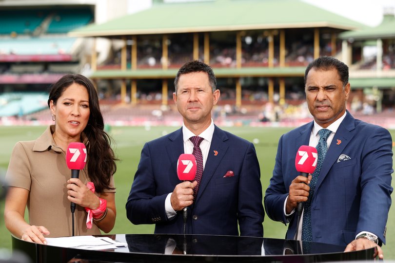 SYDNEY, AUSTRALIA - JANUARY 04: Tv commentators Mel McLaughlin, Ricky Ponting and Waqar Younis are seen prior to the start of play on day two of the Men's Third Test Match in the series between Australia and Pakistan at Sydney Cricket Ground on January 04, 2024 in Sydney, Australia. (Photo by Darrian Traynor/Getty Images)