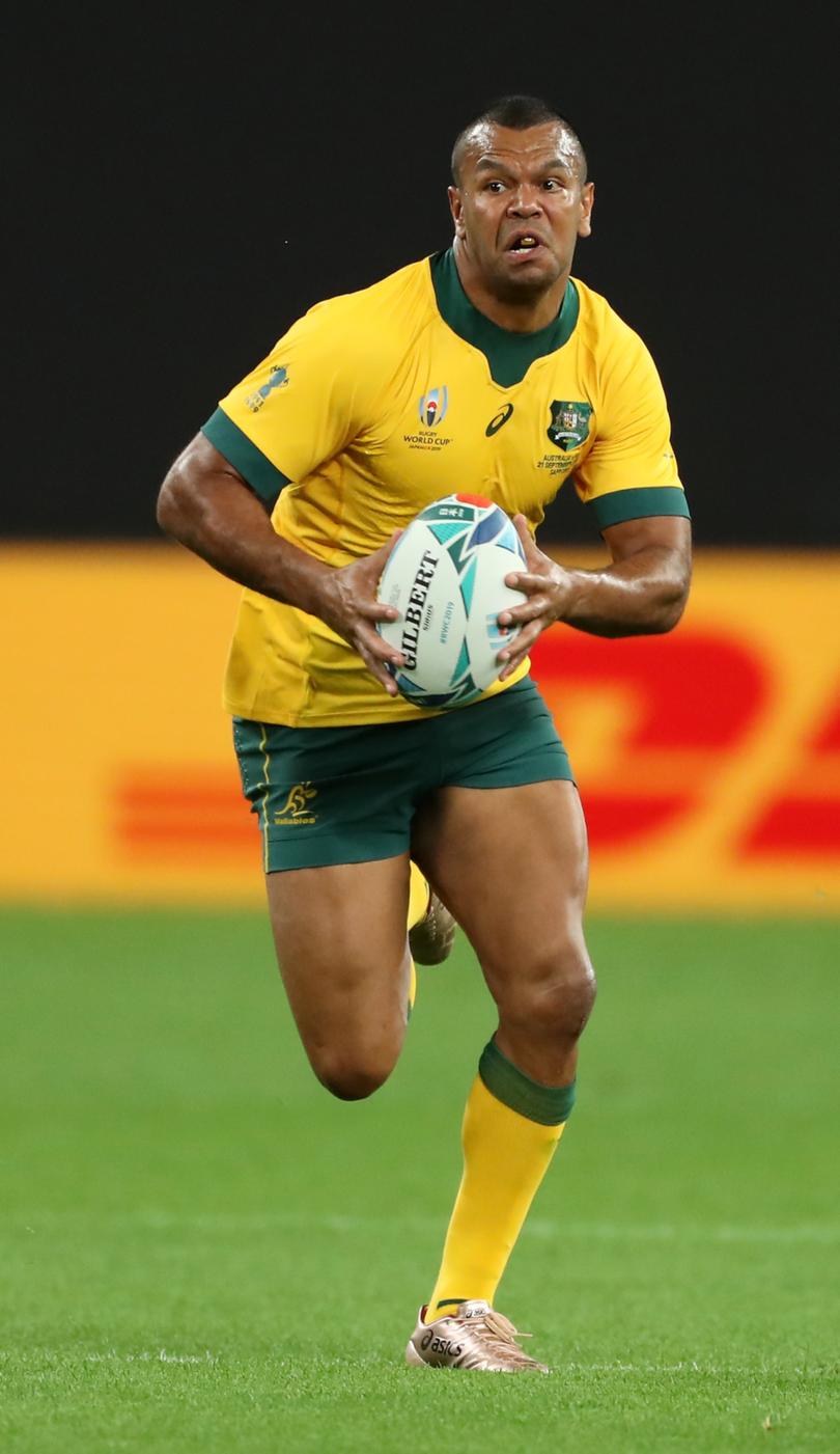 SAPPORO, JAPAN - SEPTEMBER 21: Kurtley Beale of Australia runs with the ball during the Rugby World Cup 2019 Group D game between Australia and Fiji at Sapporo Dome on September 21, 2019 in Sapporo, Hokkaido, Japan. (Photo by David Rogers/Getty Images)