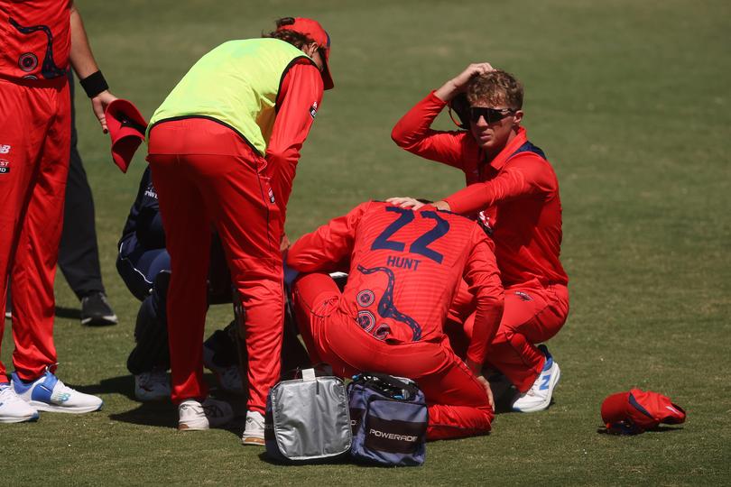 MELBOURNE, AUSTRALIA - FEBRUARY 08: Henry Hunt of South Australia reacts after being struck in the face by the ball whilst attempting to take a catch during the Marsh One Day Cup match between Victoria and South Australia at CitiPower Centre, on February 08, 2024, in Melbourne, Australia. (Photo by Daniel Pockett/Getty Images)