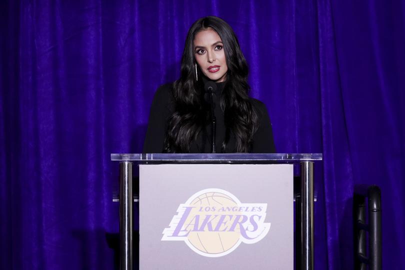 Vanessa Bryant, widow of the Los Angeles Lakers guard Kobe Bryant, speaks during the unveiling of a statue in honor of Kobe Bryant outside the NBA basketball team's arena Thursday, Feb. 8, 2024, in Los Angeles. (AP Photo/Eric Thayer)