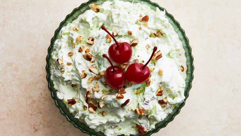 The Watergate Salad, a 1970s-era dish made with pistachio pudding mix, canned pineapple and mini marshmallows that has caught the curious eye of the TikTok generation. Food Stylist: Monica Pierini. (Armando Rafael/The New York Times)