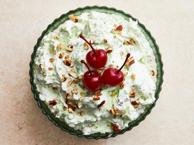 The Watergate Salad, a 1970s-era dish made with pistachio pudding mix, canned pineapple and mini marshmallows that has caught the curious eye of the TikTok generation. Food Stylist: Monica Pierini. (Armando Rafael/The New York Times)