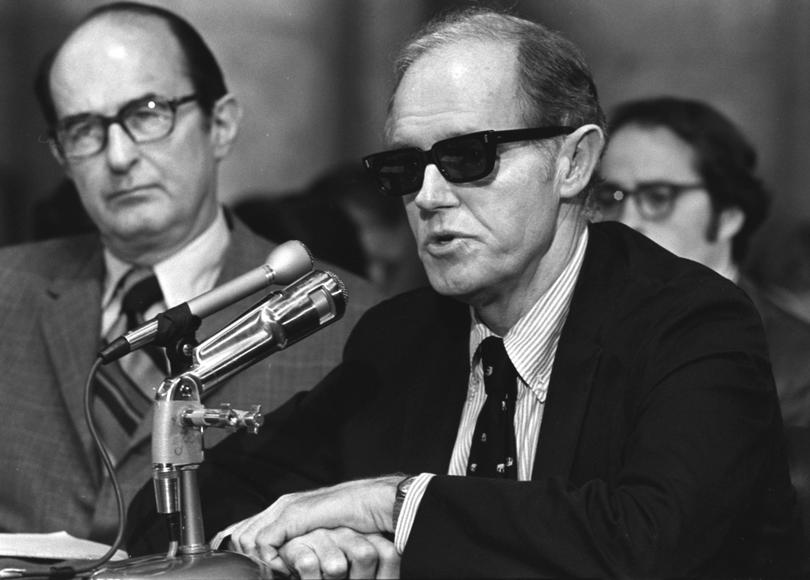  Convicted Watergate conspiritor E. Howard Hunt, wearing dark glasses, begins his seconds day of testimony before the Senate Watergate Committee in this Sept. 25, 1973 file photo in Washington, D.C.  Hunt, who helped organize the Watergate break-in that led to the greatest scandal in American political history and the downfall of Richard Nixon's presidency, died Tuesday, Jan 23, 2007. He was 88. (AP Photo)