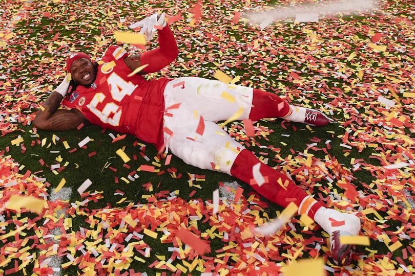 Kansas City Chiefs offensive tackle Wanya Morris (64) celebrates a win after the NFL Super Bowl 58 football game against the San Francisco 49ers, Sunday, Feb. 11, 2024, in Las Vegas. The Chiefs won 25-22. (AP Photo/John Locher)