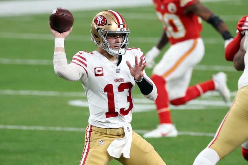 LAS VEGAS, NEVADA - FEBRUARY 11: Brock Purdy #13 of the San Francisco 49ers throws the ball in the first quarter against the Kansas City Chiefs during Super Bowl LVIII at Allegiant Stadium on February 11, 2024 in Las Vegas, Nevada. (Photo by Steph Chambers/Getty Images)