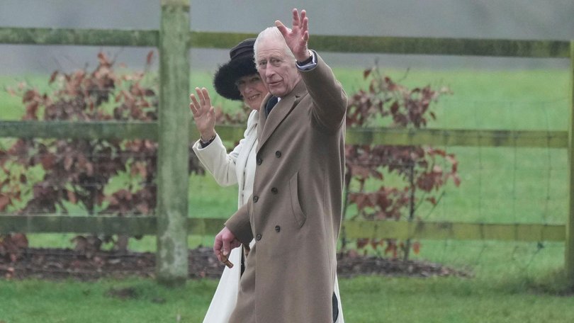 Britain's King Charles III and Queen Camilla wave to well wishers after attending a Sunday church service at St Mary Magdalene Church, in Sandringham, Norfolk, England, Sunday, Feb. 11, 2024. 