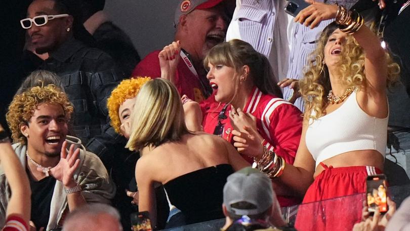 Taylor Swift, center celebrates with friends after the NFL Super Bowl 58 football game between the San Francisco 49ers and the Kansas City Chiefs on Sunday, Feb. 11, 2024, in Las Vegas. The Chiefs won 25-22. (AP Photo/Frank Franklin II) Frank Franklin II