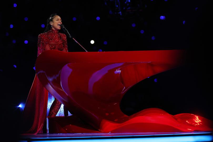 LAS VEGAS, NEVADA - FEBRUARY 11: Alicia Keys performs onstage during the Apple Music Super Bowl LVIII Halftime Show at Allegiant Stadium on February 11, 2024 in Las Vegas, Nevada. (Photo by Jamie Squire/Getty Images)