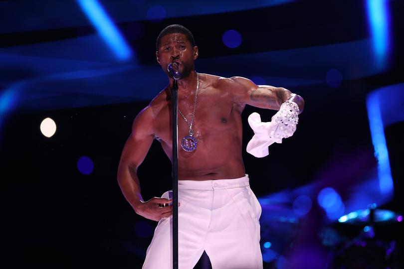 LAS VEGAS, NEVADA - FEBRUARY 11: Usher performs onstage during the Apple Music Super Bowl LVIII Halftime Show at Allegiant Stadium on February 11, 2024 in Las Vegas, Nevada. (Photo by Jamie Squire/Getty Images)