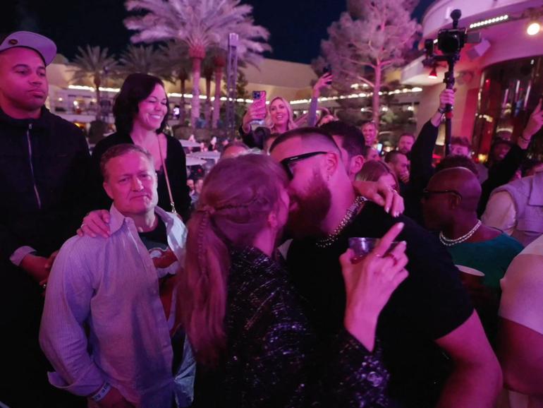 Taylor Swift and Travis Kelce danced and kissed as the Kansas City Chiefs partied all night at XS Nightclub to celebrate their Super Bowl win.