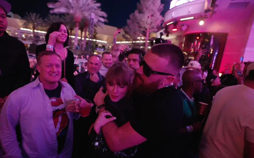 Taylor Swift and Travis Kelce danced and kissed as the Kansas City Chiefs partied all night at XS Nightclub to celebrate their Super Bowl win.