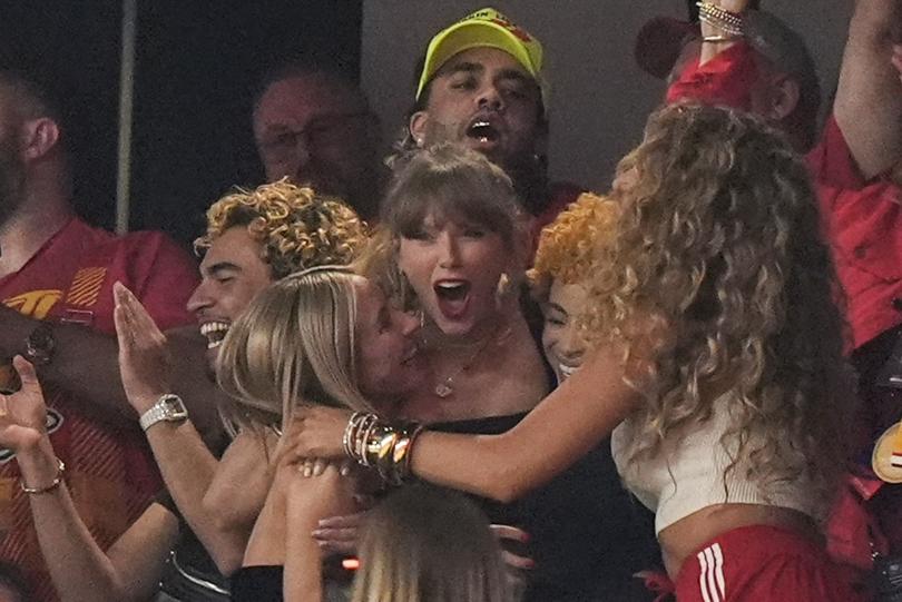 Taylor Swift celebrates with Ashley Avignone, Ice Spice and Blake Lively during the second half of the NFL Super Bowl 58 football game between the San Francisco 49ers and the Kansas City Chiefs, Sunday, Feb. 11, 2024, in Las Vegas. (AP Photo/Frank Franklin II)