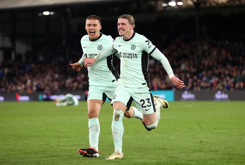 LONDON, ENGLAND - FEBRUARY 12: Conor Gallagher of Chelsea celebrates scoring his team's second goal during the Premier League match between Crystal Palace and Chelsea FC at Selhurst Park on February 12, 2024 in London, England. (Photo by Julian Finney/Getty Images)