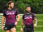 Broncos players Pat Carrigan and Adam Reynolds put on a united front at Brisbane training. (Jono Searle/AAP PHOTOS)