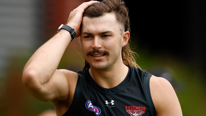 MELBOURNE, AUSTRALIA - JANUARY 22: Sam Draper of the Bombers looks on during the Essendon Bombers training session at the NEC Hangar on January 22, 2024 in Melbourne, Australia. (Photo by Michael Willson/AFL Photos via Getty Images)