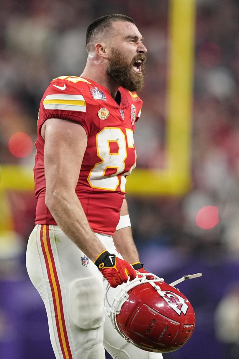 Kansas City Chiefs tight end Travis Kelce celebrates after his team scored a touchdown during the second half of the NFL Super Bowl 58 football game against the San Francisco 49ers Sunday, Feb. 11, 2024, in Las Vegas. (AP Photo/Brynn Anderson)