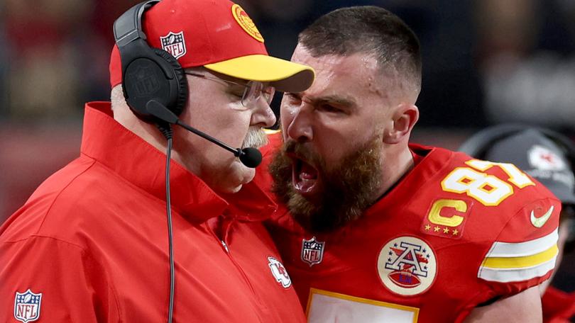 LAS VEGAS, NEVADA - FEBRUARY 11: Travis Kelce #87 of the Kansas City Chiefs reacts at Head coach Andy Reid in the first half against the San Francisco 49ers during Super Bowl LVIII at Allegiant Stadium on February 11, 2024 in Las Vegas, Nevada. (Photo by Jamie Squire/Getty Images)