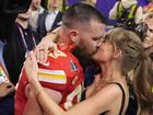 Kansas City Chiefs tight end Travis Kelce (87) kisses Taylor Swift after the NFL Super Bowl 58 football game against the San Francisco 49ers.