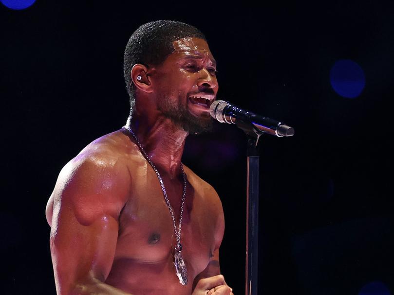LAS VEGAS, NEVADA - FEBRUARY 11: Usher performs onstage during the Apple Music Super Bowl LVIII Halftime Show at Allegiant Stadium on February 11, 2024 in Las Vegas, Nevada. (Photo by Ezra Shaw/Getty Images)
