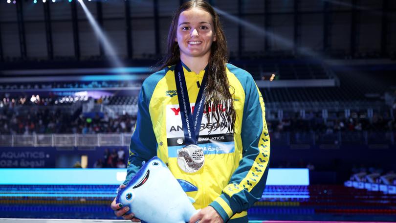 DOHA, QATAR - FEBRUARY 13: Silver Medalist, Iona Anderson of Team Australia poses with her medal after the Medal Ceremony for the Women's 100m Backstroke Final on day twelve of the Doha 2024 World Aquatics Championships at Aspire Dome on February 13, 2024 in Doha, Qatar. (Photo by Adam Pretty/Getty Images)