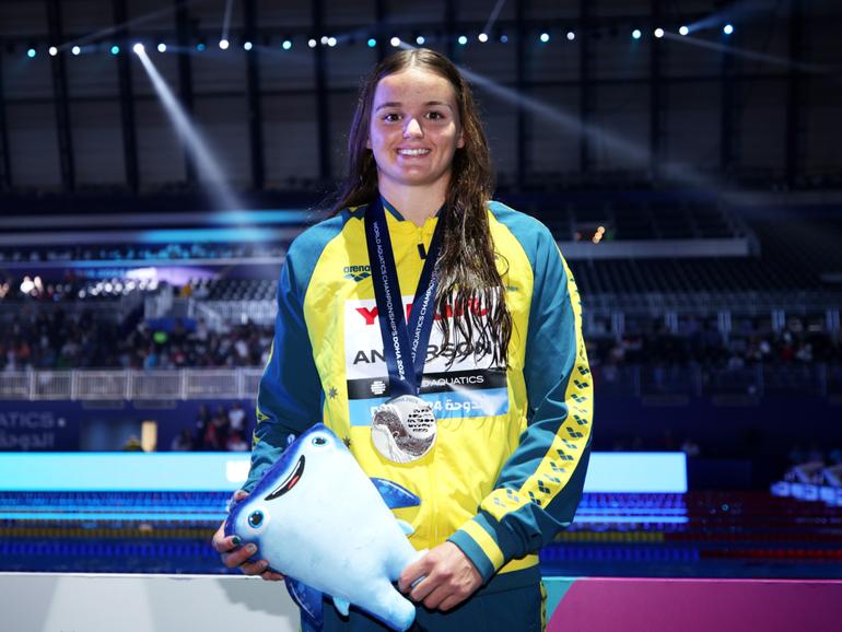 DOHA, QATAR - FEBRUARY 13: Silver Medalist, Iona Anderson of Team Australia poses with her medal after the Medal Ceremony for the Women's 100m Backstroke Final on day twelve of the Doha 2024 World Aquatics Championships at Aspire Dome on February 13, 2024 in Doha, Qatar. (Photo by Adam Pretty/Getty Images)