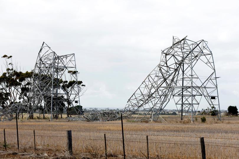 Damaged transmission towers at Anakie in Melbourne.