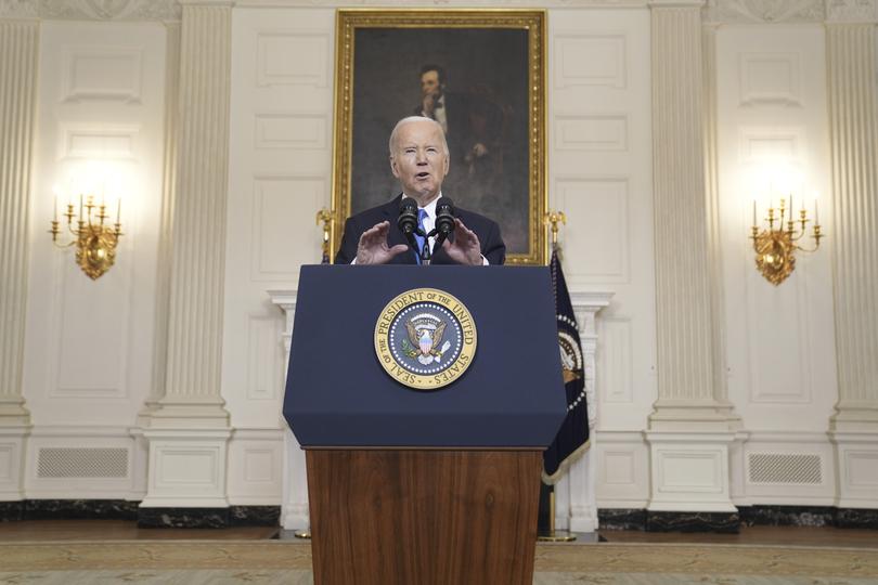 President Joe Biden delivers remarks on a $95 billion Ukraine Israel aid package being debated in Congress, in the State Dining Room of the White House, Tuesday, Feb. 13, 2024, in Washington. (AP Photo/Evan Vucci)