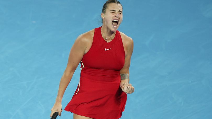 MELBOURNE, AUSTRALIA - JANUARY 27: Aryna Sabalenka celebrates winning a point during their Women's Singles Final match against Qinwen Zheng of China during the 2024 Australian Open at Melbourne Park on January 27, 2024 in Melbourne, Australia. (Photo by Daniel Pockett/Getty Images)