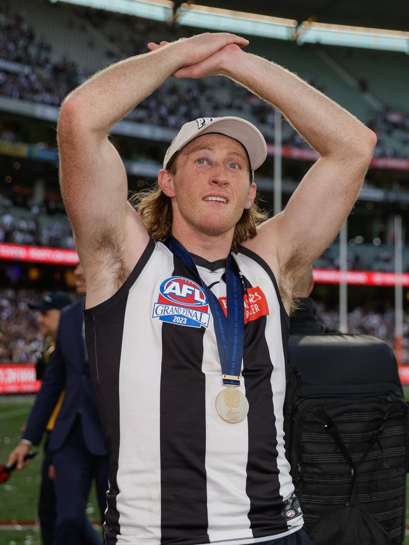 MELBOURNE, AUSTRALIA - SEPTEMBER 30: Nathan Murphy of the Magpies celebrates after the 2023 AFL Grand Final match between the Collingwood Magpies and the Brisbane Lions at the Melbourne Cricket Ground on September 30, 2023 in Melbourne, Australia. (Photo by Russell Freeman/AFL Photos)