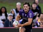 Ryan Papenhuyzen runs with the ball during the Storm's pre-season workout against the Bulldogs. (Dan Himbrechts/AAP PHOTOS)