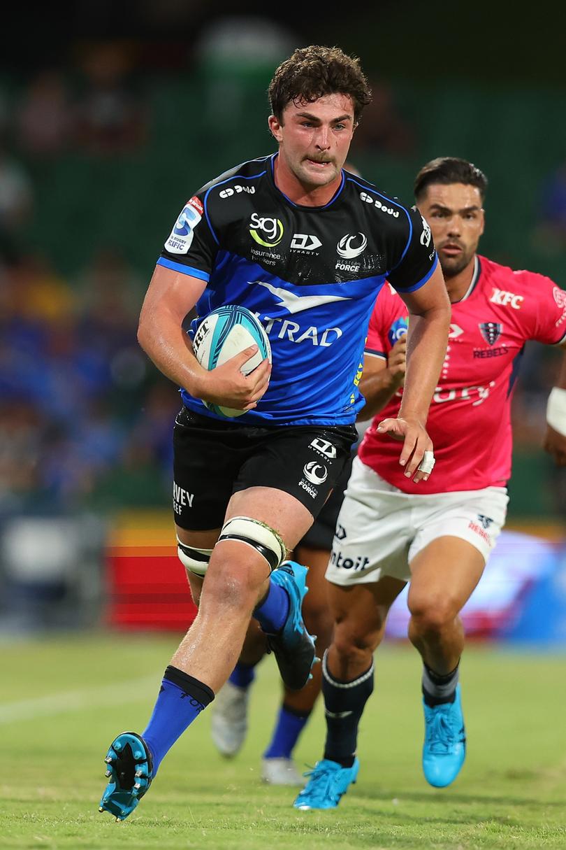 PERTH, AUSTRALIA - FEBRUARY 25: Jeremy Williams of the Force runs the ball during the round one Super Rugby Pacific match between Western Force and Melbourne Rebels at HBF Park, on February 25, 2023, in Perth, Australia. (Photo by Paul Kane/Getty Images)
