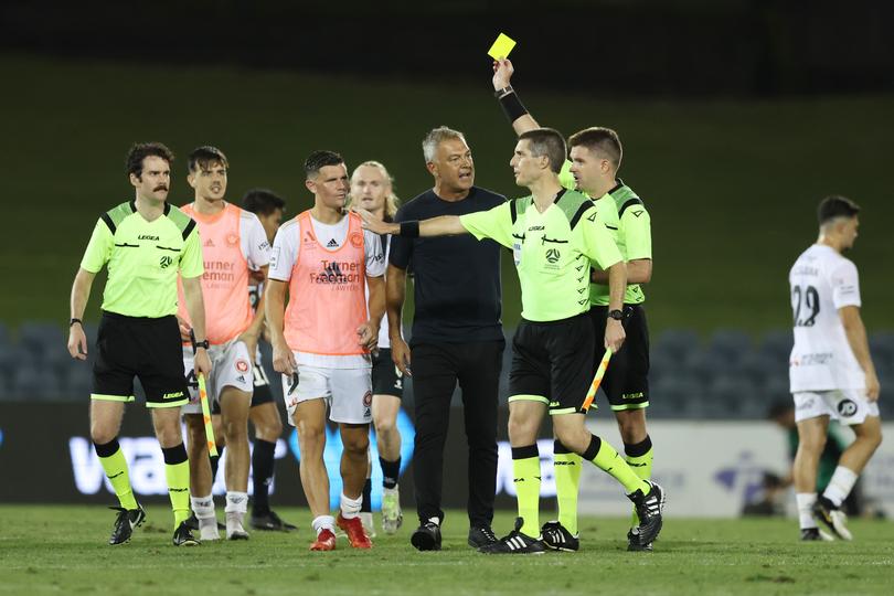 SYDNEY, AUSTRALIA - FEBRUARY 04: Wanderers head coach Marko Rudan protests to the referee after full time during the A-League Men round 15 match between Macarthur FC and Western Sydney Wanderers at Campbelltown Stadium, on February 04, 2024, in Sydney, Australia. (Photo by Mark Metcalfe/Getty Images)