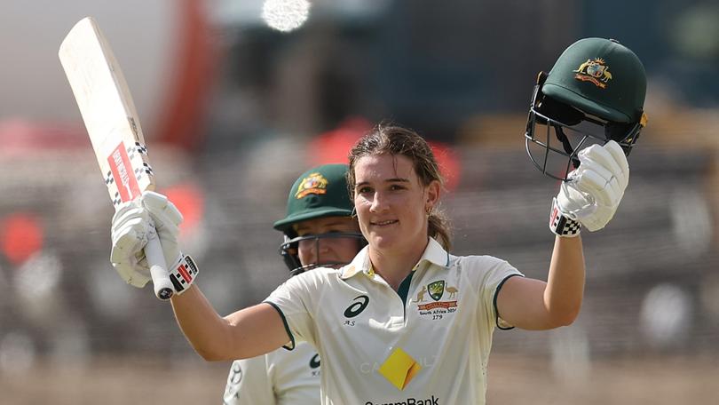 Annabel Sutherland after reaching 200 against South Africa at the WACA. (Photo by Paul Kane/Getty Images).