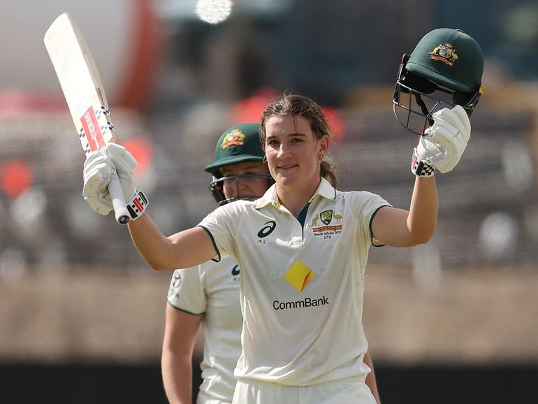 Annabel Sutherland after reaching 200 against South Africa at the WACA. (Photo by Paul Kane/Getty Images).