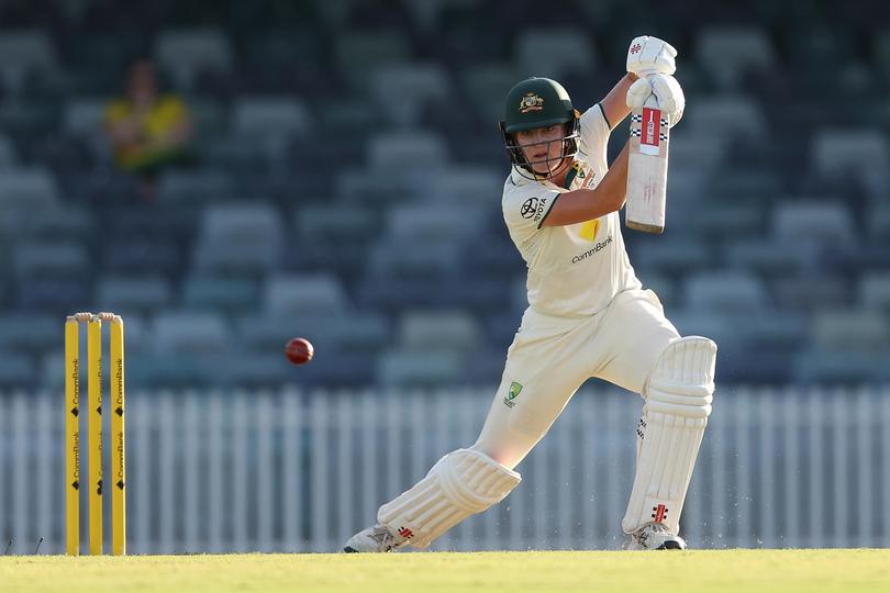 PERTH, AUSTRALIA - FEBRUARY 15: Annabel Sutherland of Australia bats during day one of the Women's Test Match between Australia and South Africa at the WACA on February 15, 2024 in Perth, Australia. (Photo by Paul Kane/Getty Images)