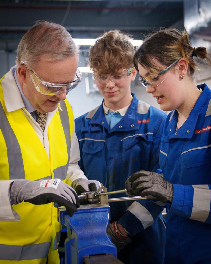 Australian Prime Minister Anthony Albanese meets with apprentices and workers who will build the first SSN-AUKUS submarine.