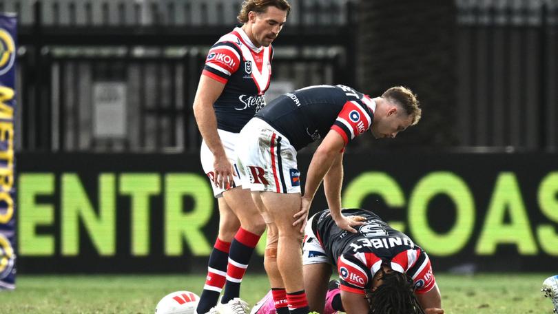 Dom Young after the tackle. (AAP Image/Dan Himbrechts)