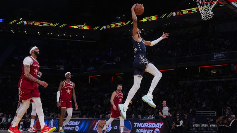 Indiana Pacers guard Tyrese Haliburton goes up for a dunk during the second half of an NBA All-Star basketball game in Indianapolis. (AP Photo/Darron Cummings)