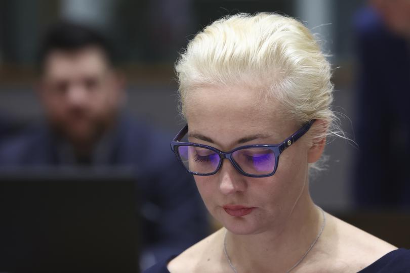 Yulia Navalnaya, wife of Russian opposition leader Alexei Navalny, joins a meeting of EU foreign ministers at the European Council building in Brussels, Monday, Feb. 19, 2024. European Union foreign ministers on Monday will discuss, among other issues, the situation in the Middle East and Russian aggression against Ukraine. (Yves Herman, Pool Photo via AP)